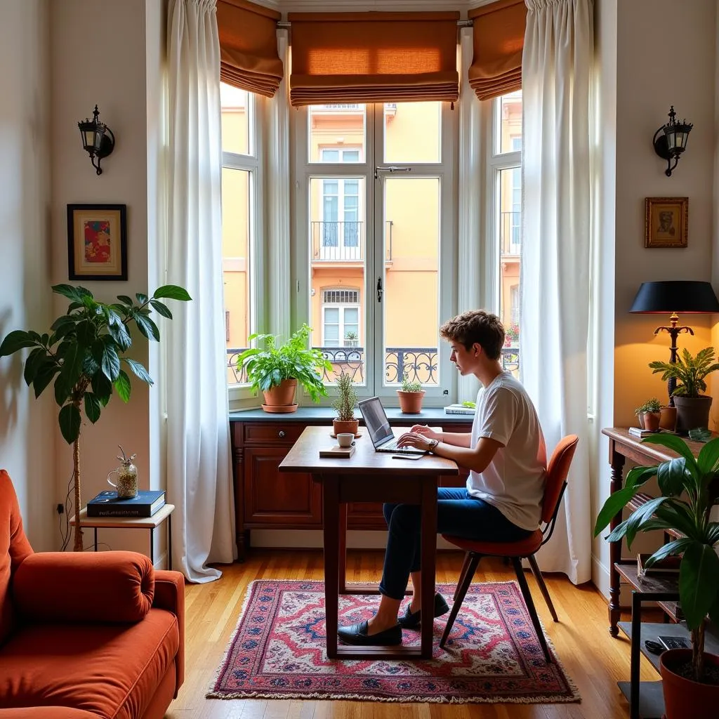 Remote worker in a stylish Spanish apartment