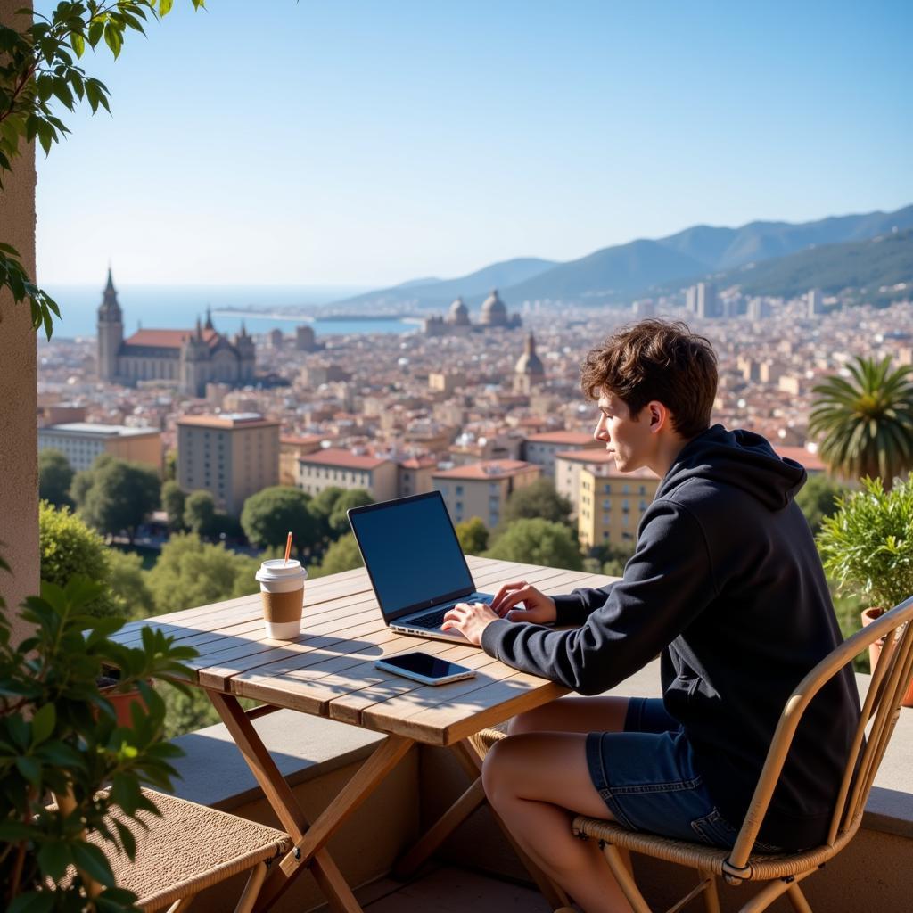 Remote worker enjoying the view of Barcelona