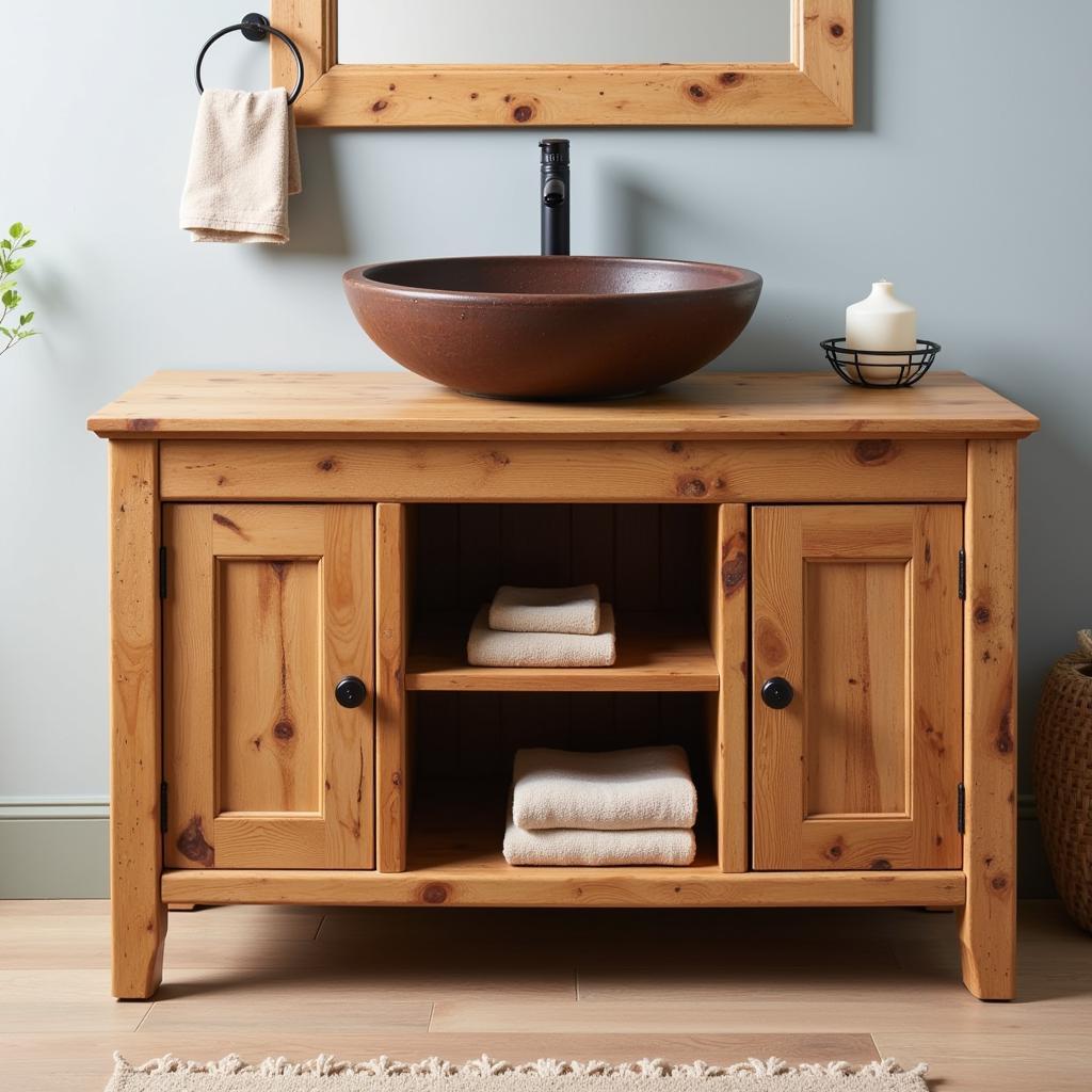 Rustic bathroom vanity crafted from natural wood, featuring a vessel sink and open shelving, designed by Kave Home