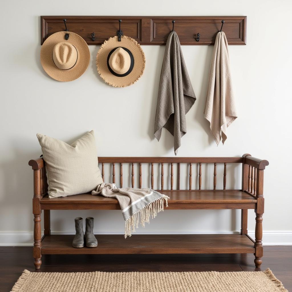 Rustic charm in a Kenay Home recibidor featuring a wooden bench and wall hooks