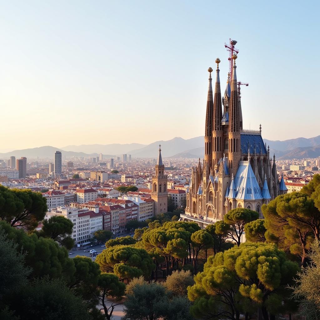 The Sagrada Familia basilica in Barcelona, Spain, bathed in the golden light of sunset.