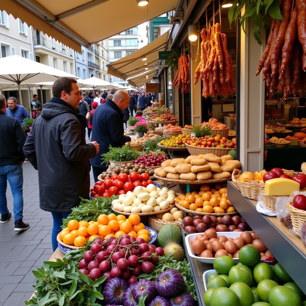 A bustling market in Saint Jean de Luz with colorful stalls