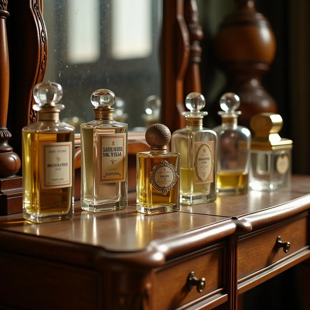 Antique perfume bottles arranged on a vintage vanity table