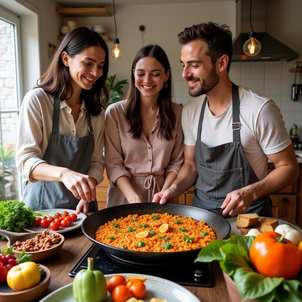 Learning to cook paella in a Santayana home stay