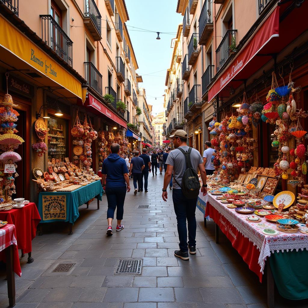 Tourists Browsing Souvenirs in a Bustling Spanish Market