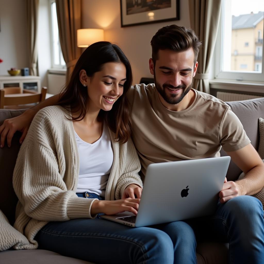 Couple browsing mobil home options online for their Madrid trip