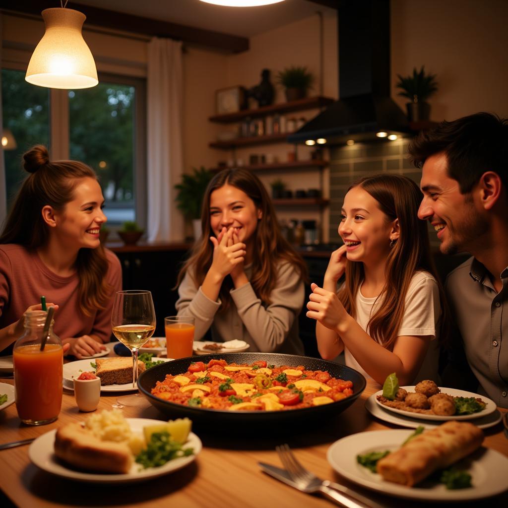 Family enjoying a traditional Spanish meal in their home