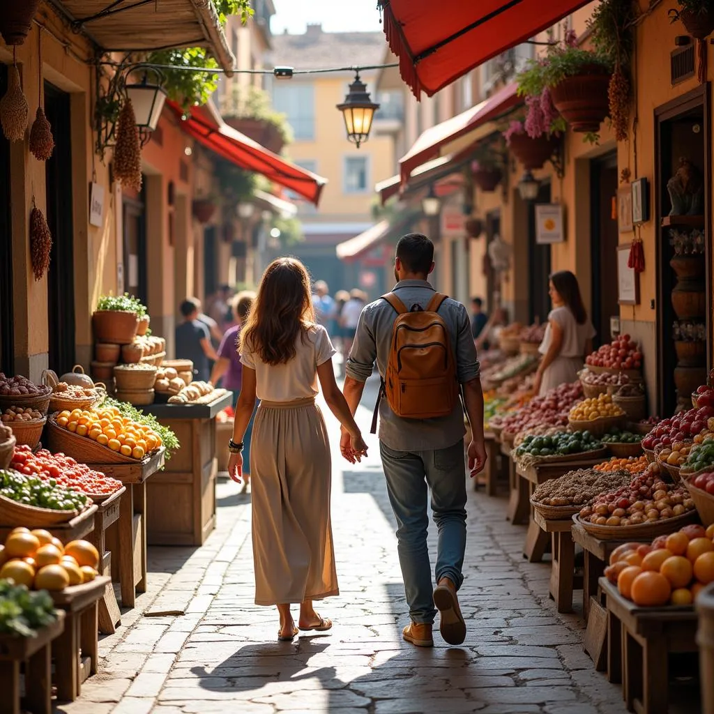 Senior couple exploring a bustling Spanish market