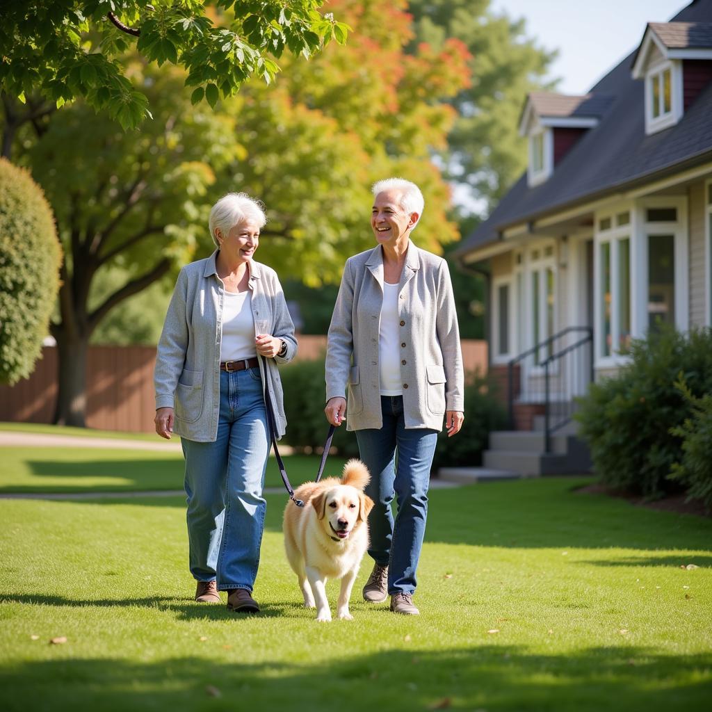 Senior couple enjoying a walk with their dog in a park