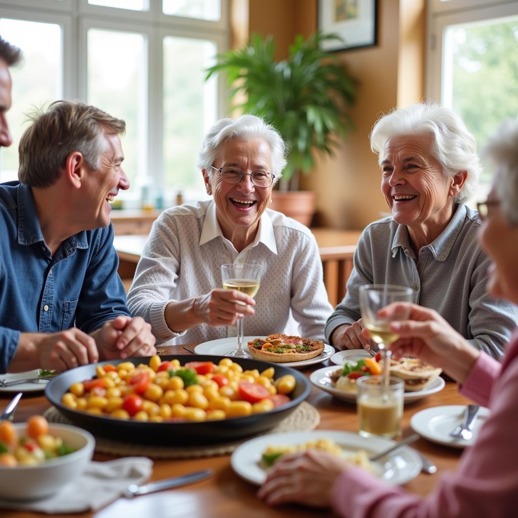 Senior residents enjoying a traditional paella meal together