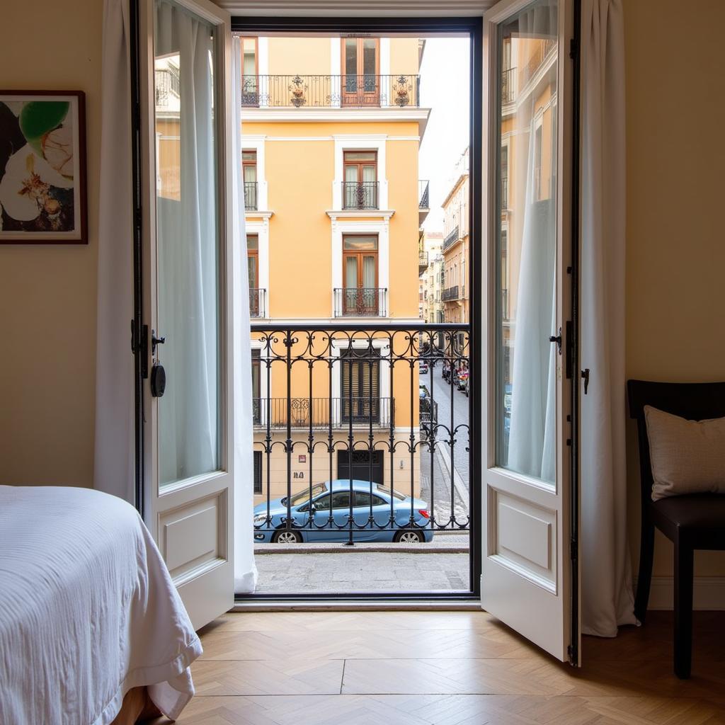 Modern apartment building exterior with traditional Spanish balconies, set against a backdrop of Seville's charming streets