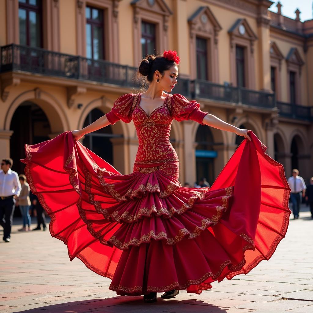 Flamenco dancer performing in Plaza de Espana, Seville.