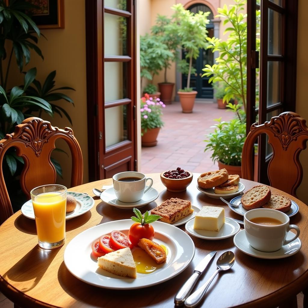 Breakfast spread in a Seville hostal with traditional Spanish food