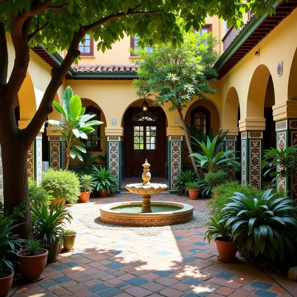 Traditional Andalusian courtyard in a Seville hostal