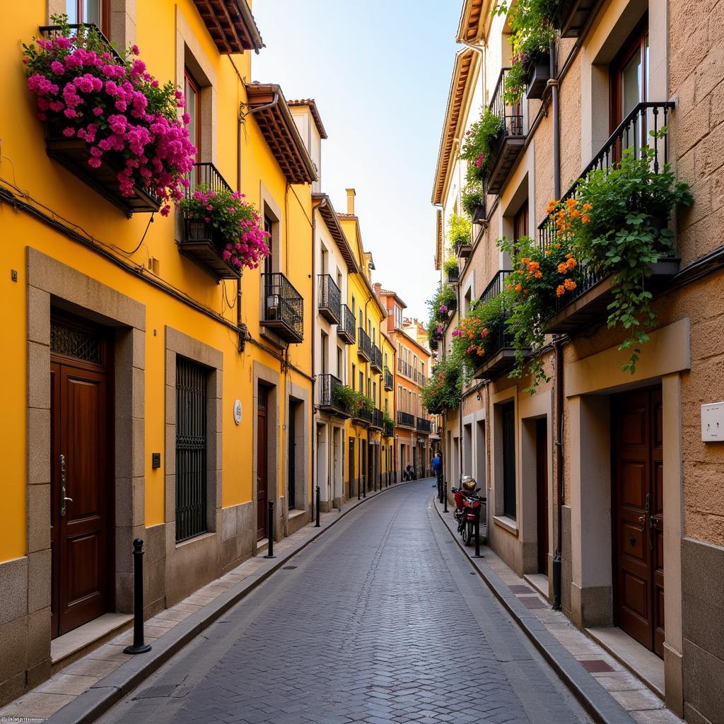 Cobblestone street in Seville with traditional houses and flower boxes