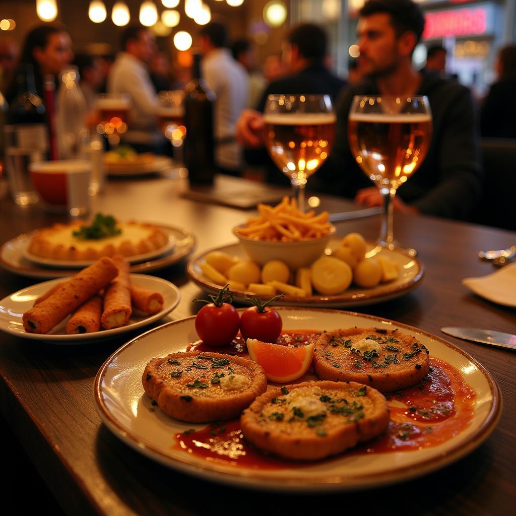 A bustling tapas bar scene in Seville with locals enjoying food and drinks