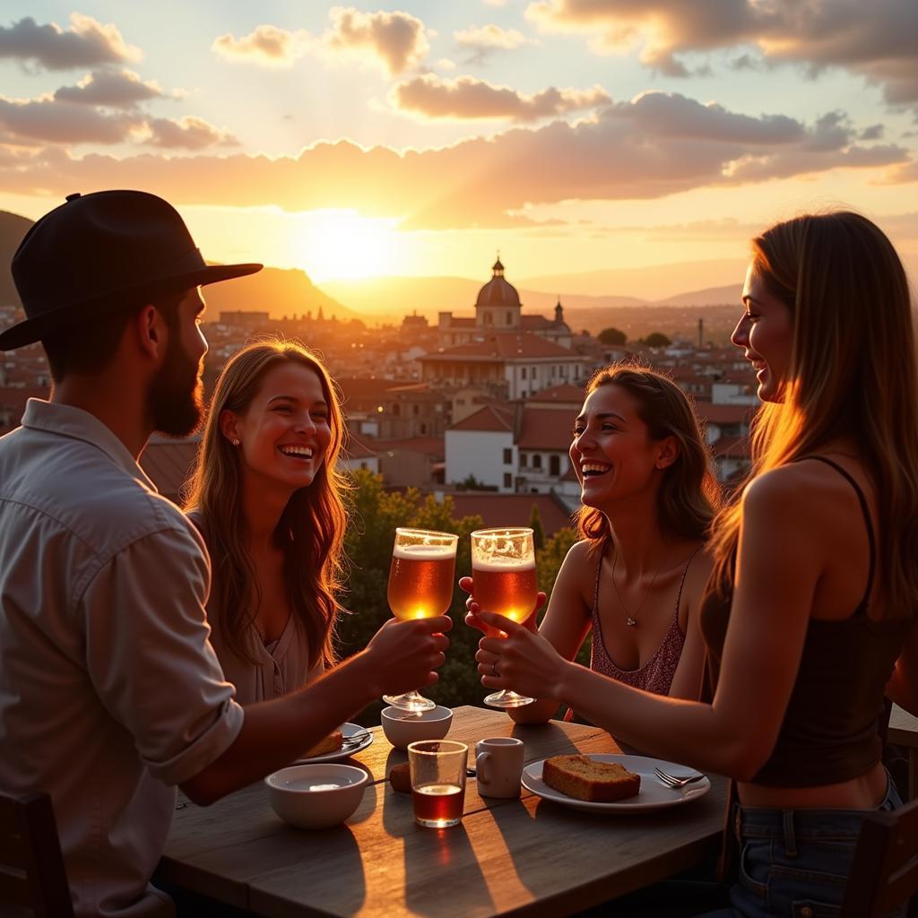 A group of people enjoying homebrewed beer and tapas on a Spanish rooftop terrace