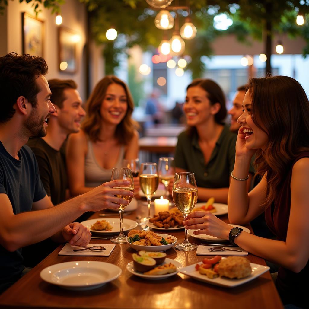 Friends enjoying tapas and drinks at a vibrant outdoor terrace in Barcelona