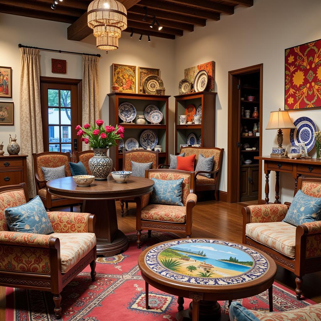 A customer interacts with a friendly staff member amidst a beautifully arranged display of home decor items in a Kave Home store.