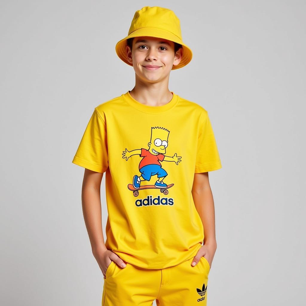 A model sporting a Simpsons x adidas t-shirt featuring Bart Simpson.