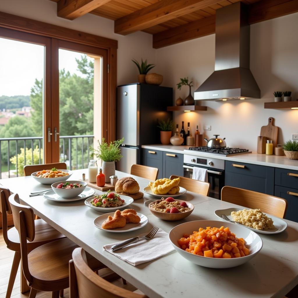 Seamless Integration of Solcast and Home Assistant in a Spanish Home: An inviting image of a Spanish kitchen with traditional décor.  A laptop displays the Home Assistant dashboard, showcasing Solcast's solar energy predictions alongside other smart home controls. The scene exudes a sense of comfort and control, emphasizing the benefits of integrated technology.