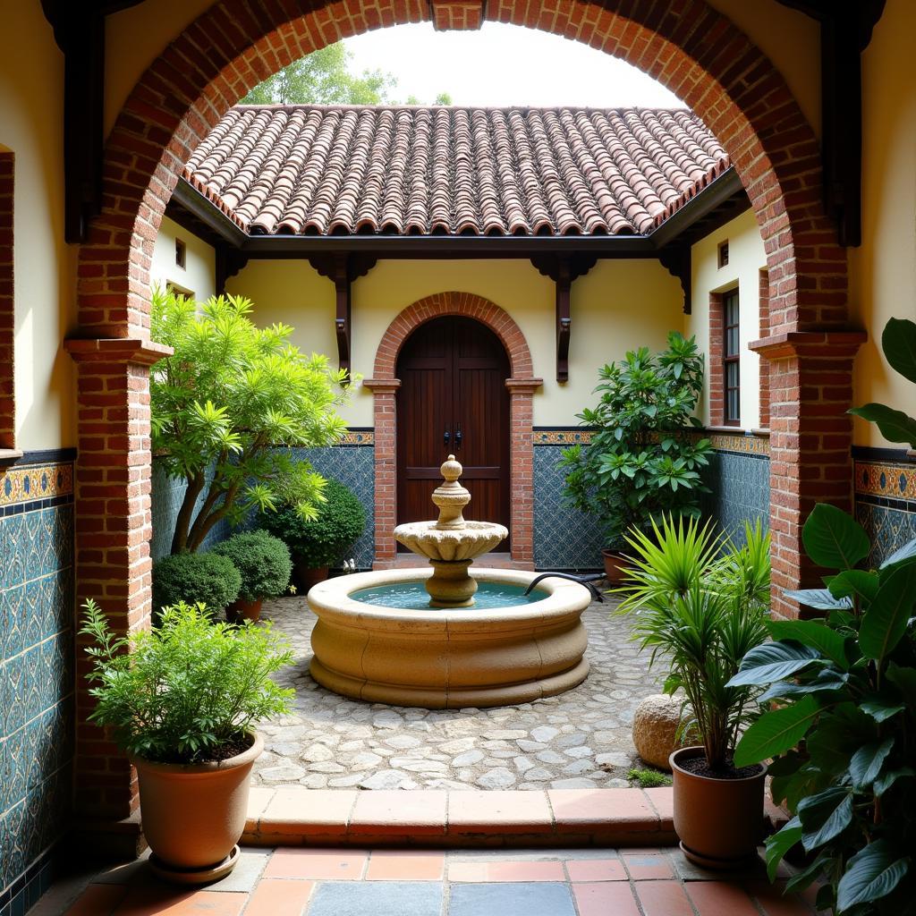 Interior courtyard of a Soller home with lush greenery and traditional fountain