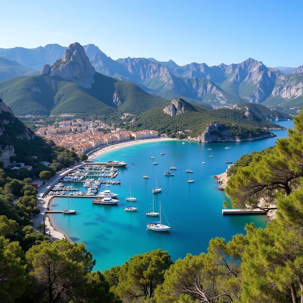 Scenic view of Port de Soller with sailboats and the Tramuntana mountains in the background