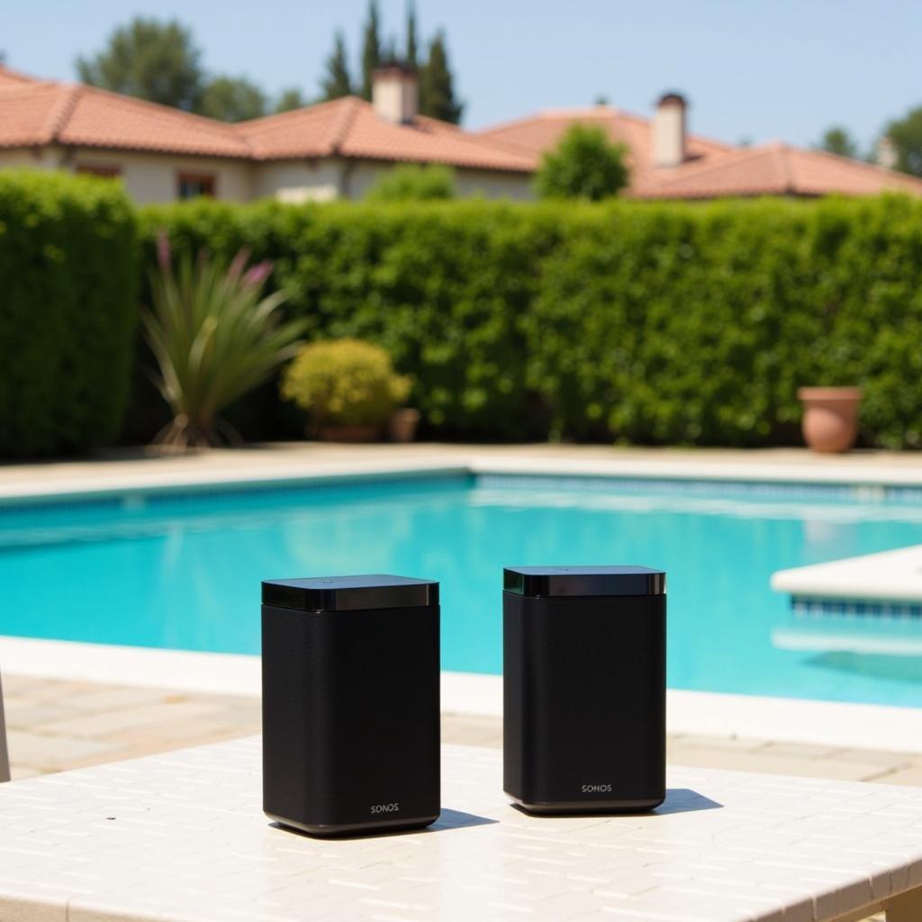 Sonos speakers by the poolside of a villa