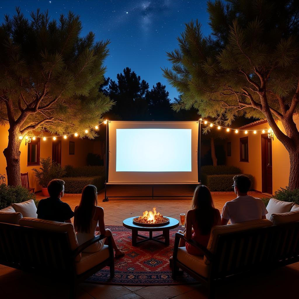 Outdoor movie night with a Sony projector under the Spanish stars