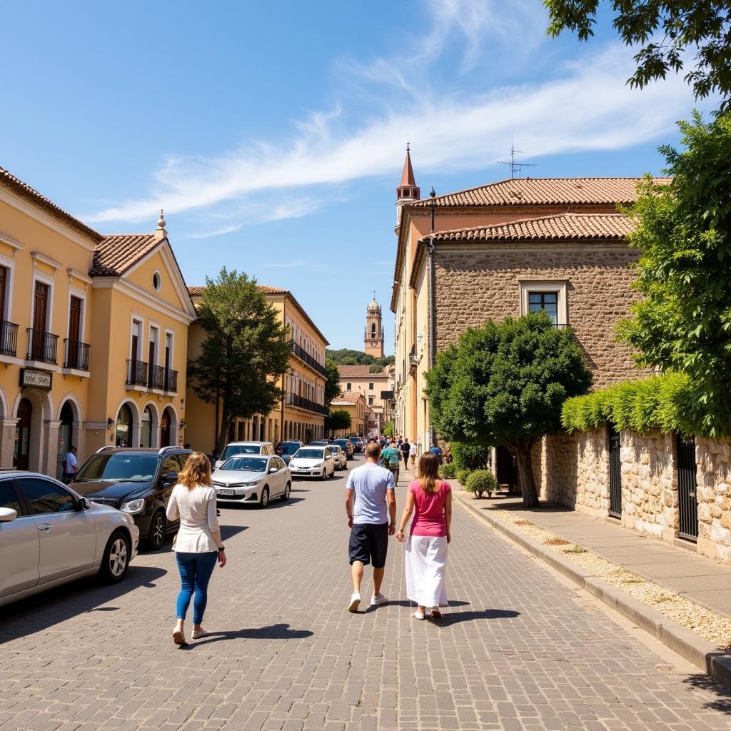 Historic Spanish plaza surrounded by traditional architecture and vibrant street life