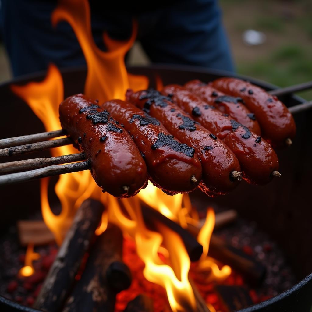 Braai master grilling boerewors over open fire