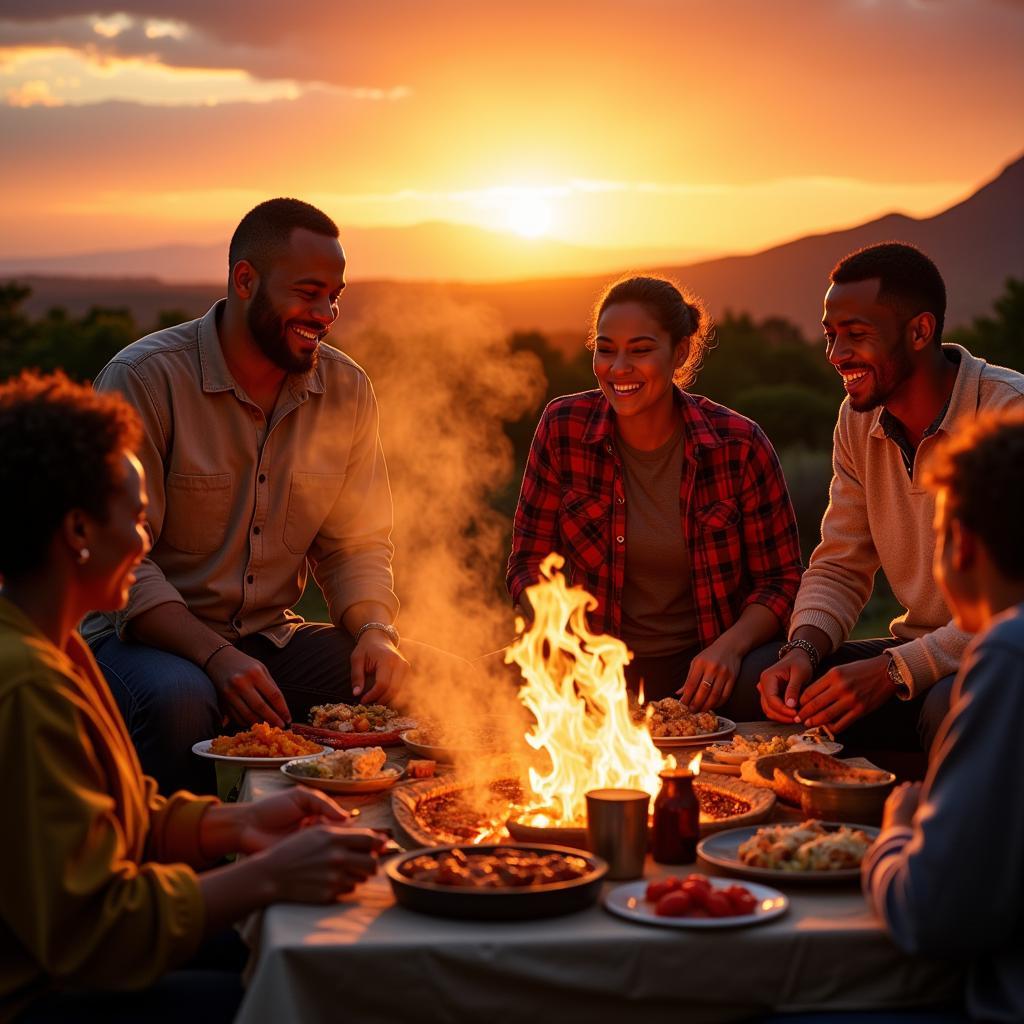 South African family gathered around a fire braai