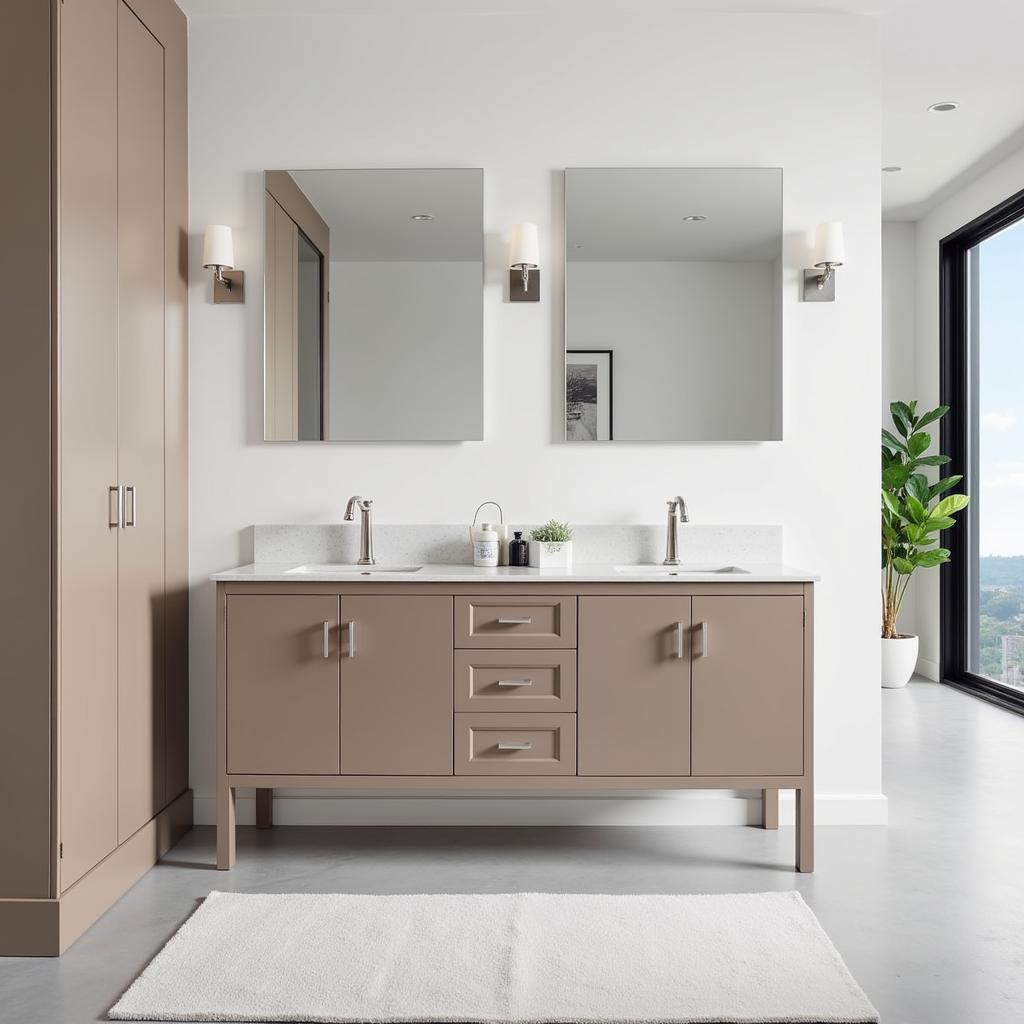 Spacious bathroom featuring a double vanity with integrated sinks and ample storage, designed by Kave Home