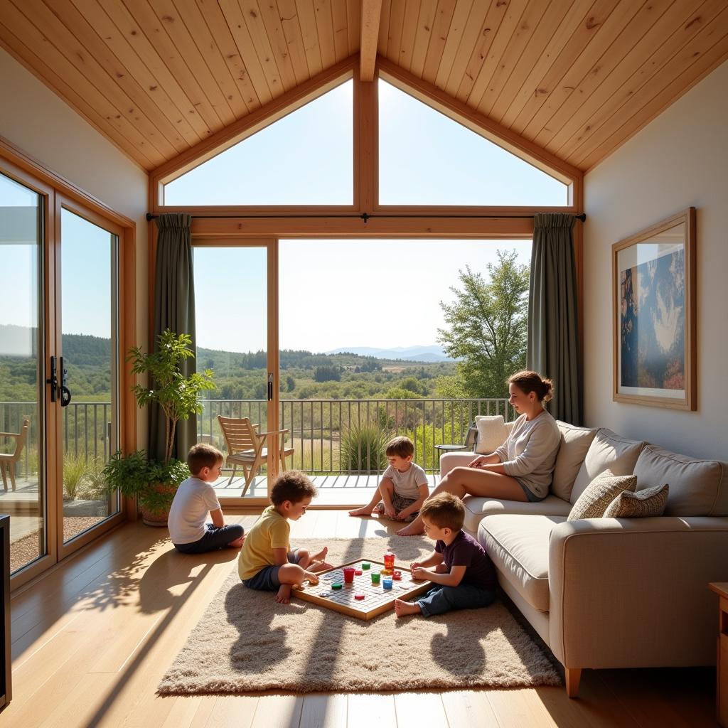 Family enjoying the spacious interior of a mobile home in Spain