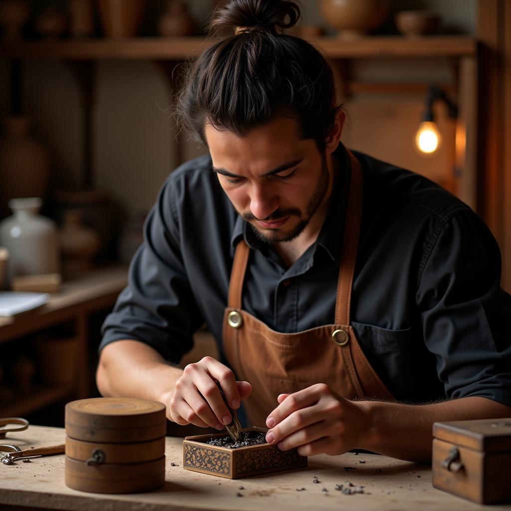 Skilled Spanish Artisan Handcrafting a Jewelry Box