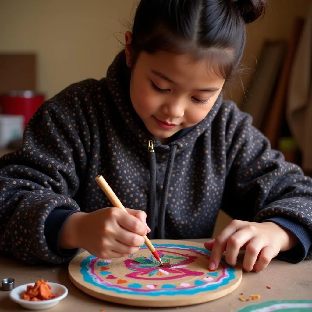 A Spanish artisan hand-painting a hucha infantil