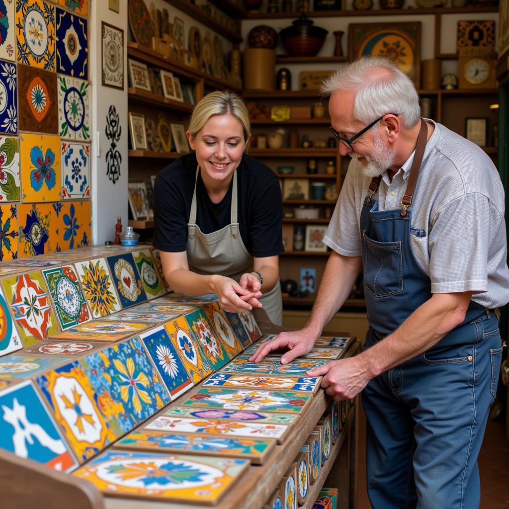 A vibrant Spanish tile shop with a local artisan