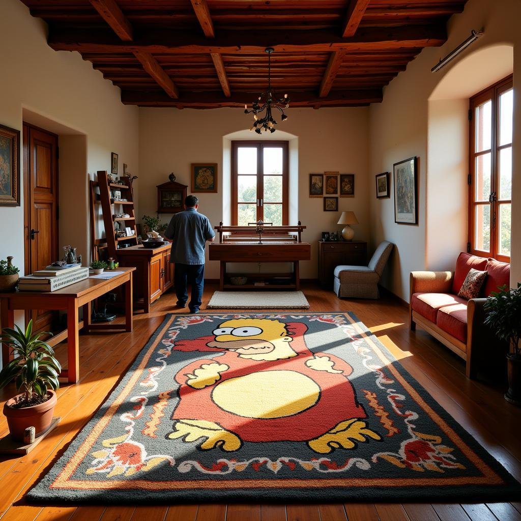 Spanish artisan weaving a Homer Simpson rug