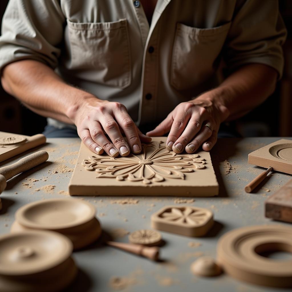 A skilled Spanish artisan meticulously crafting handmade tiles in his workshop