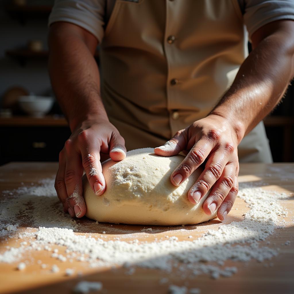 A Spanish baker kneading dough in a traditional kitchen