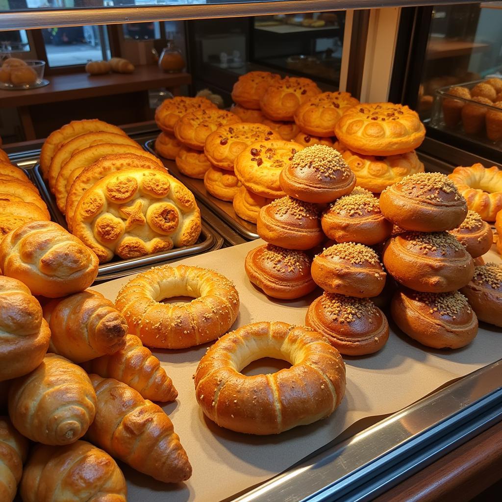 An assortment of puff borreguito on display in a Spanish bakery