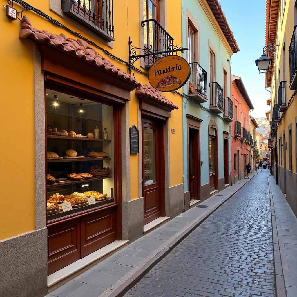 The charming exterior of a traditional Spanish bakery.