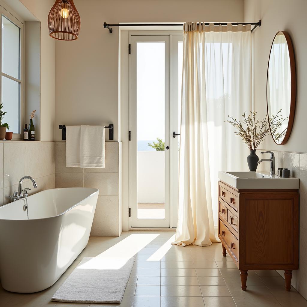 A bright and airy Spanish bathroom featuring a Zara Home shower curtain