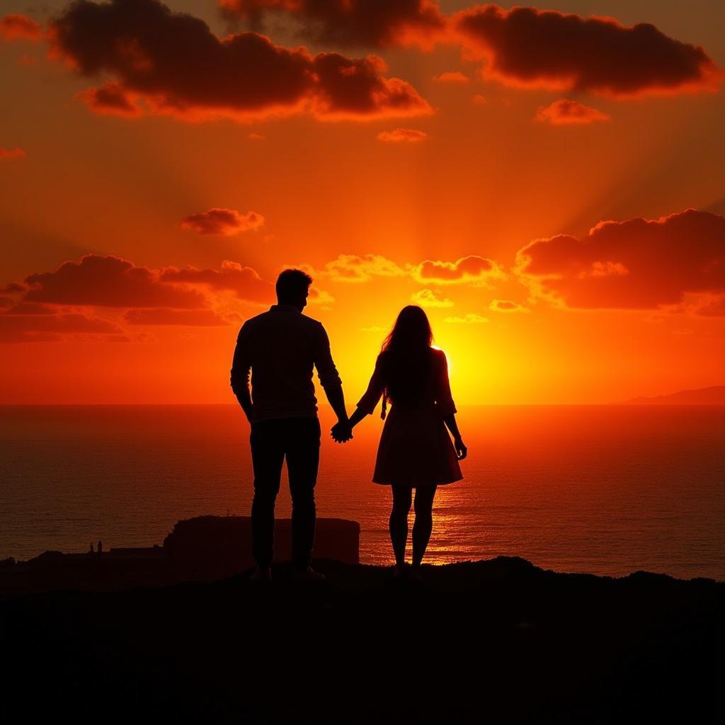 Silhouette of a couple watching the sunset on a Spanish beach