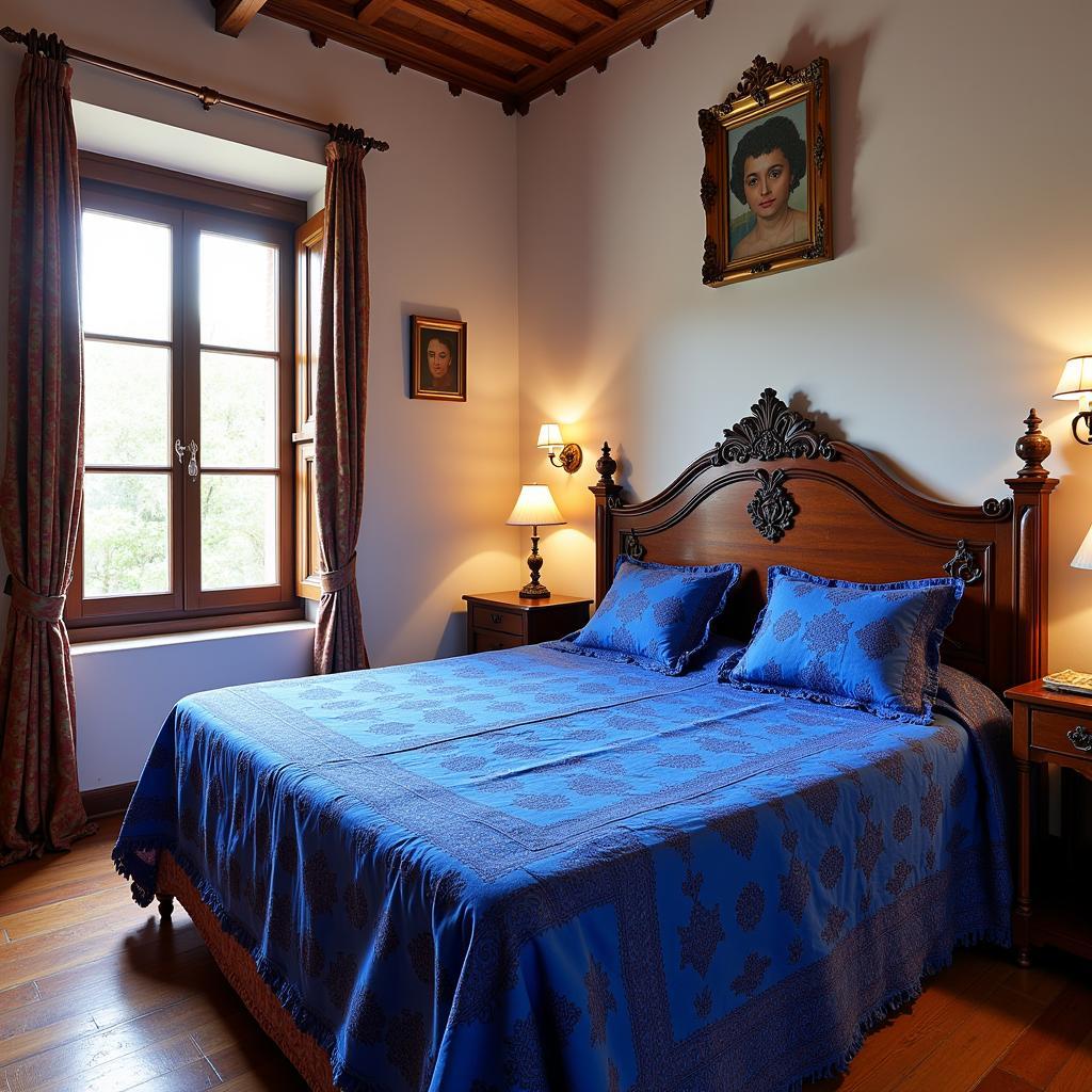 Cozy Spanish bedroom with a vibrant colcha azul