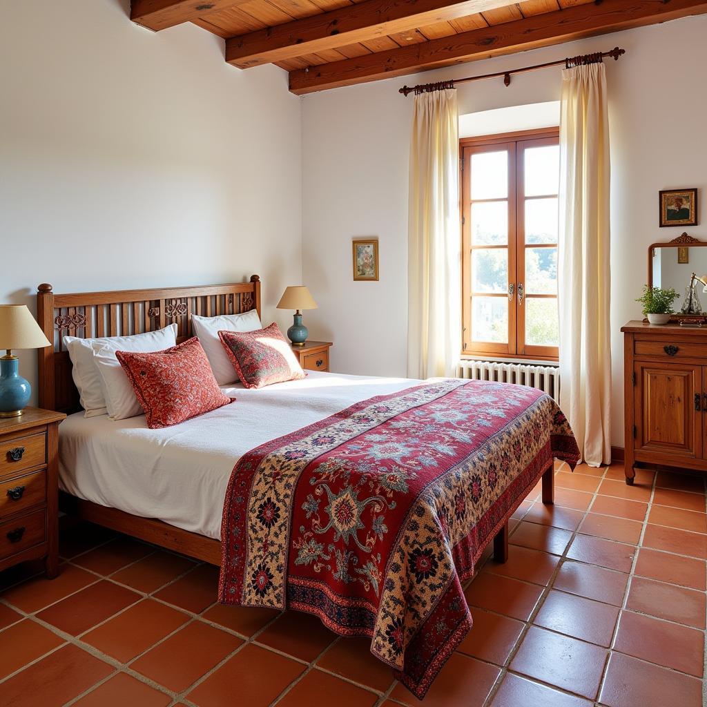 A Spanish bedroom featuring a vibrant colcha de Zara Home