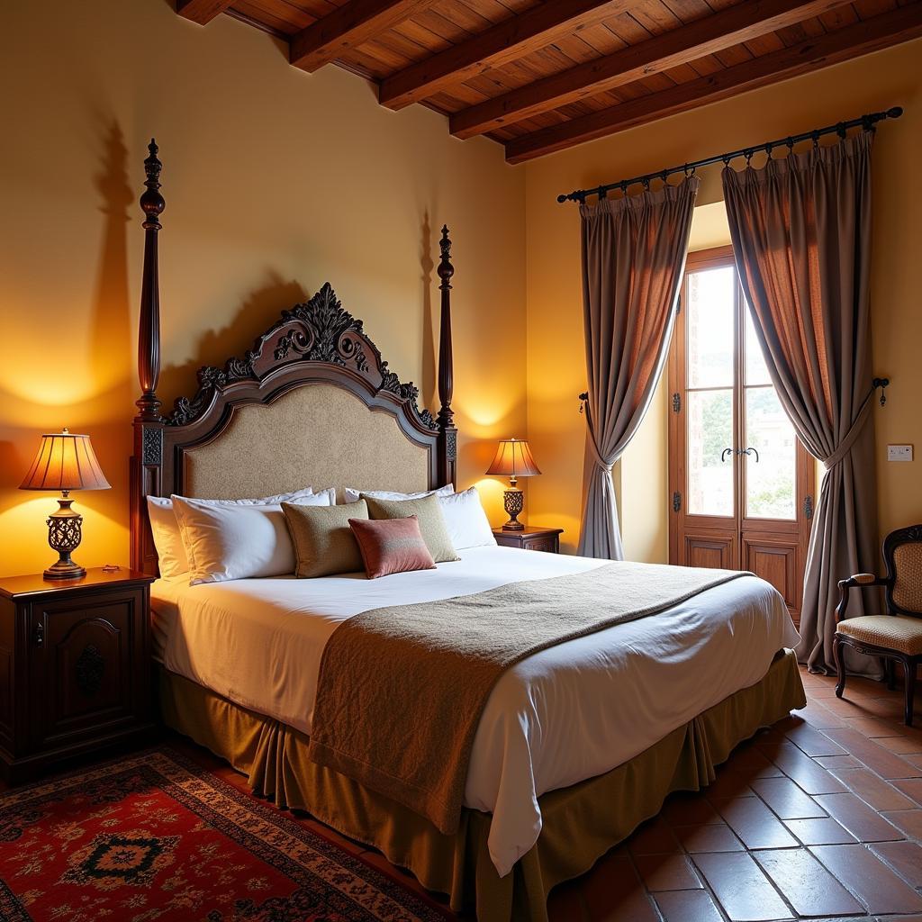 Traditional Spanish bedroom decor featuring ornate headboard and rich textiles