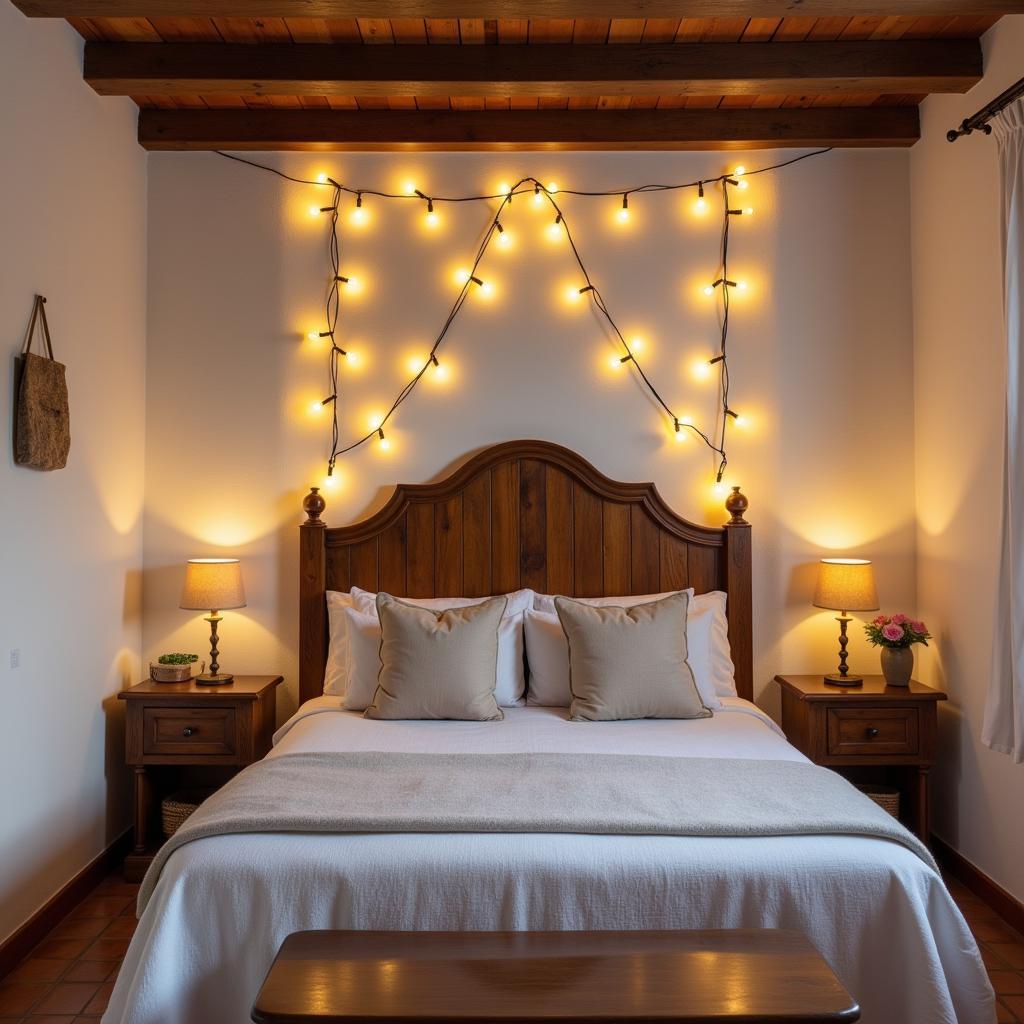 Serene Spanish bedroom with a headboard adorned with luces led