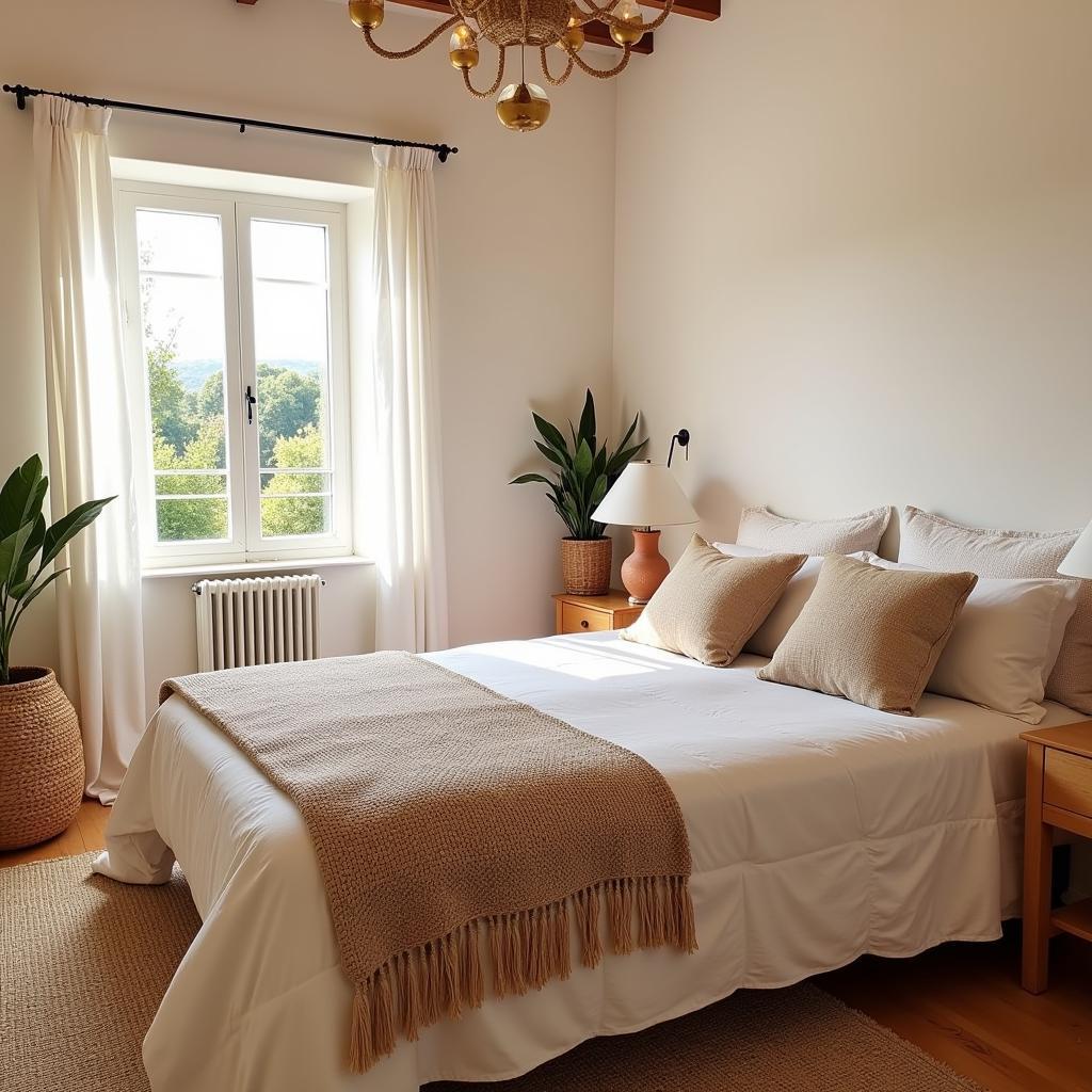 A Spanish bedroom featuring a beige colcha and other Zara Home accents