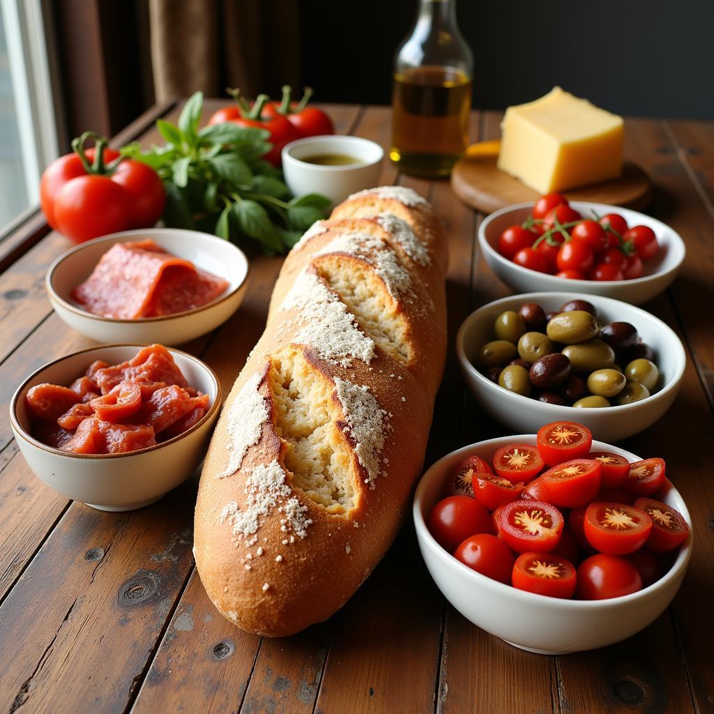 A spread of fresh ingredients for a Spanish bocadillo